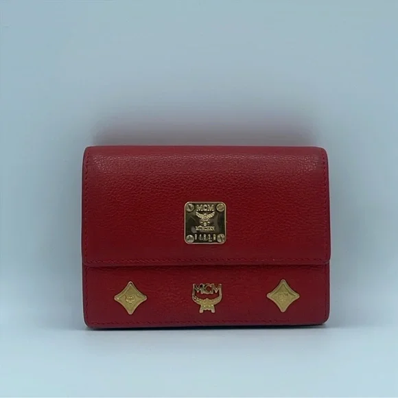 MCM Red Pebbled Leather Tri-Fold Wallet w/ Gold Hardware & Logo Charm